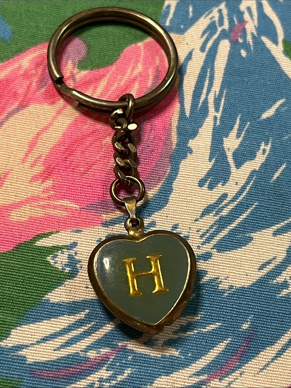 Antique Teal Heart Keyring with Gold 'H' Charm